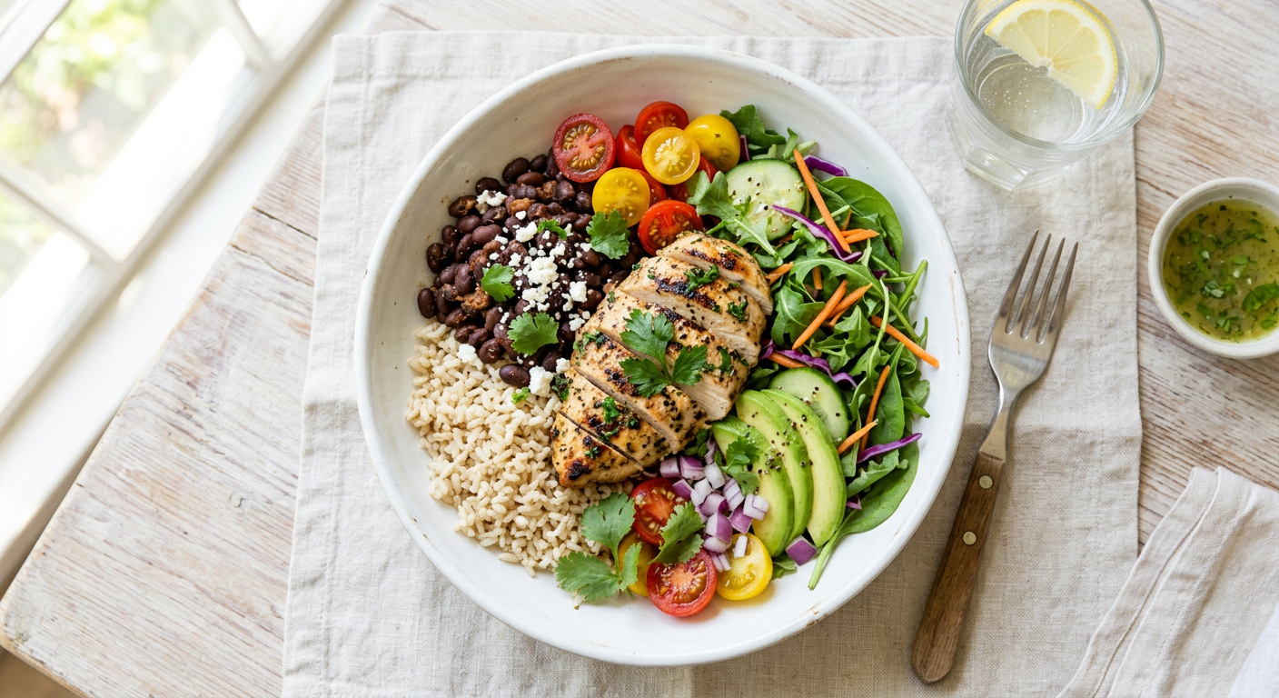 Bowl de arroz, frijoles, pollo a la plancha y ensalada